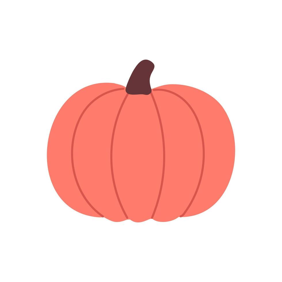 Rounded pumpkin in coral shade with dark stem, perfect for fall food designs and thanksgiving illustrations vector