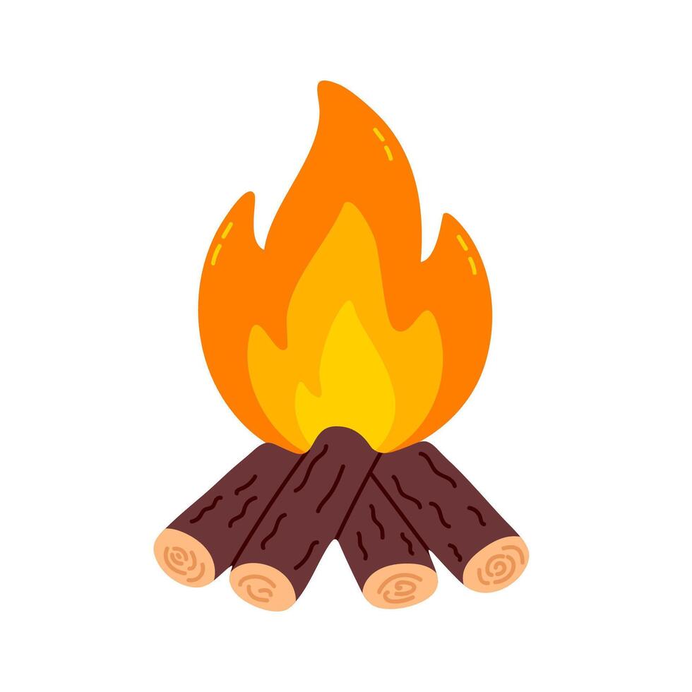 Minimal campfire built from logs with bright flame. Great for outdoor graphics, forest survival visuals, camping and hiking design vector