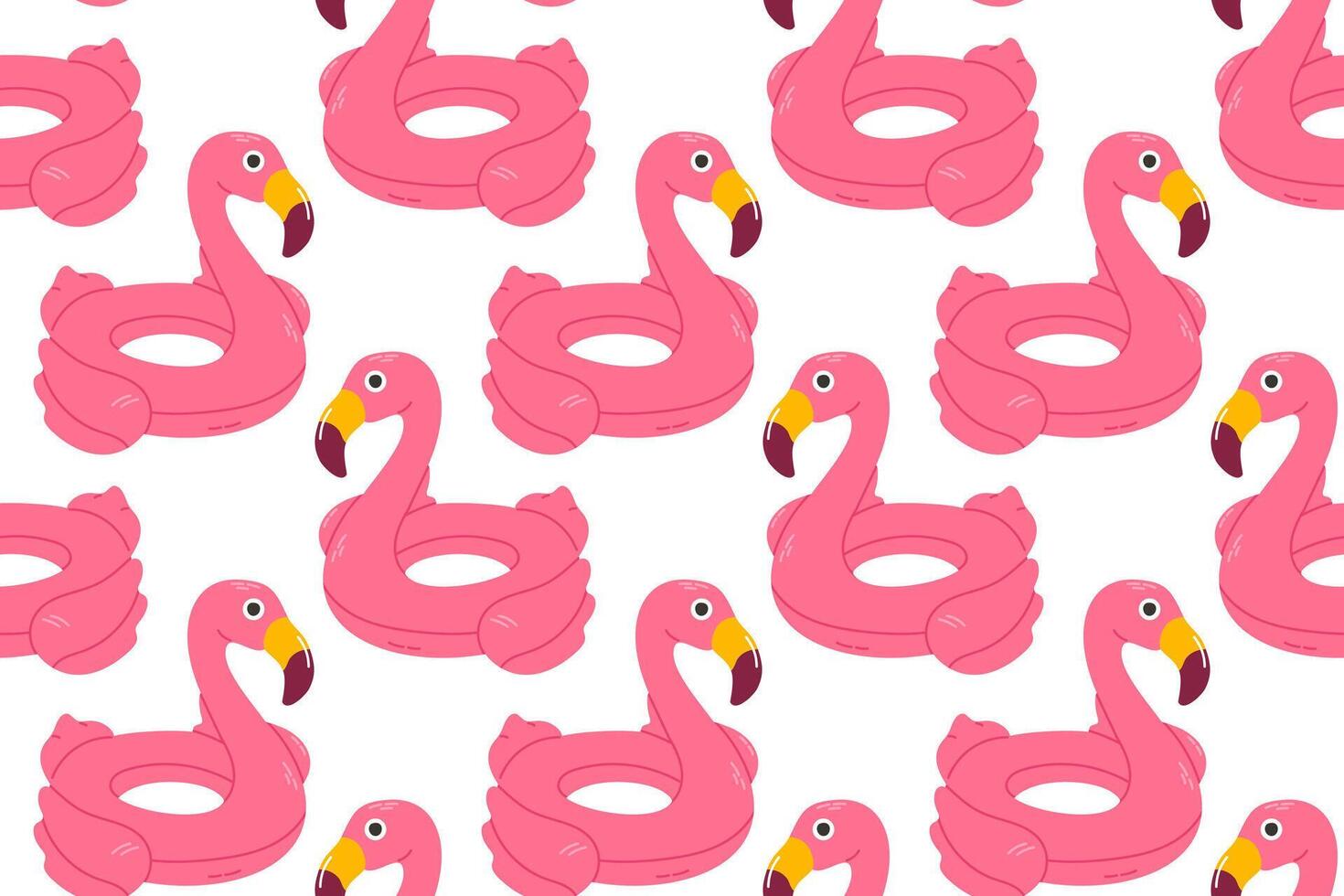 Seamless pattern with pink flamingo-shaped pool floats on white background, perfect for swimwear, packaging, and summer stationery vector