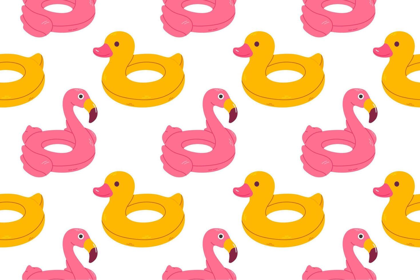 Seamless pattern with alternating pink flamingo and yellow duck pool floats on white background, perfect for summer packaging and fabric vector