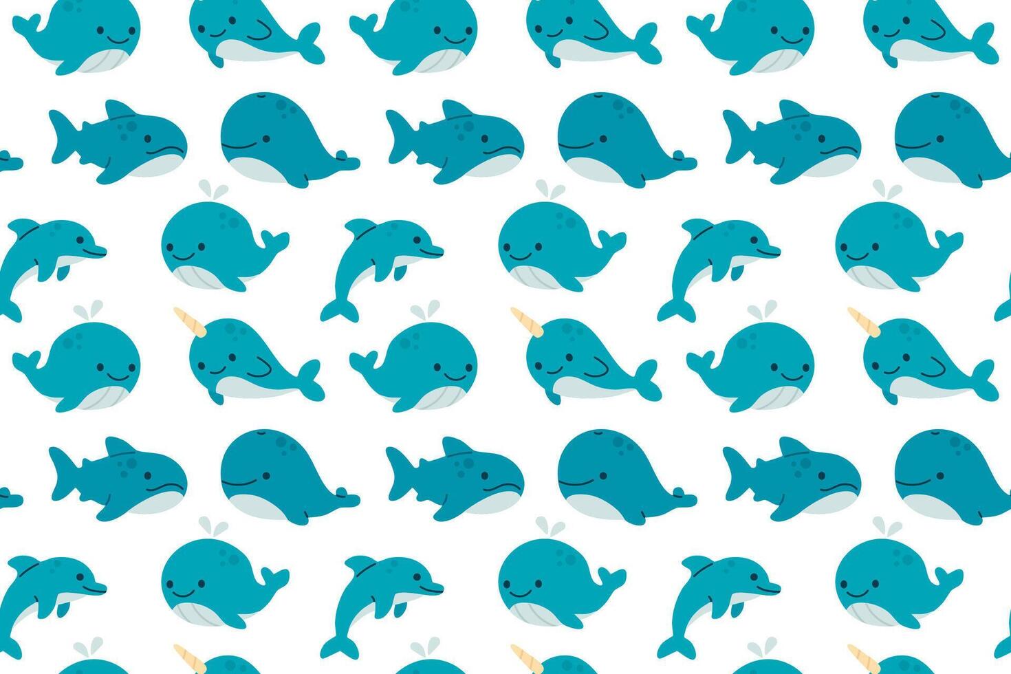 Seamless marine pattern with blue whales and narwhals swimming across a clean white background for ocean-themed childrens decor vector