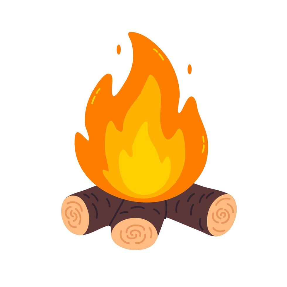 Flaming campfire with three wooden logs. Perfect for camping themes, hiking visuals, wilderness concepts and survival design vector