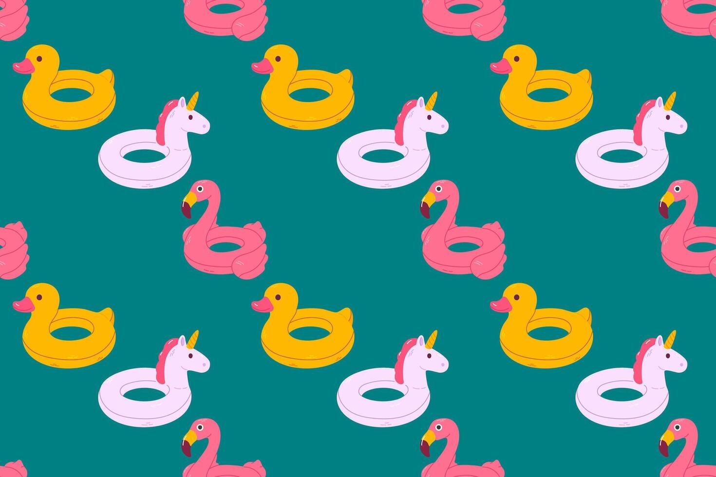 Seamless pattern with flamingo, unicorn, and duck pool floats on dark teal background, designed for summer prints and products vector