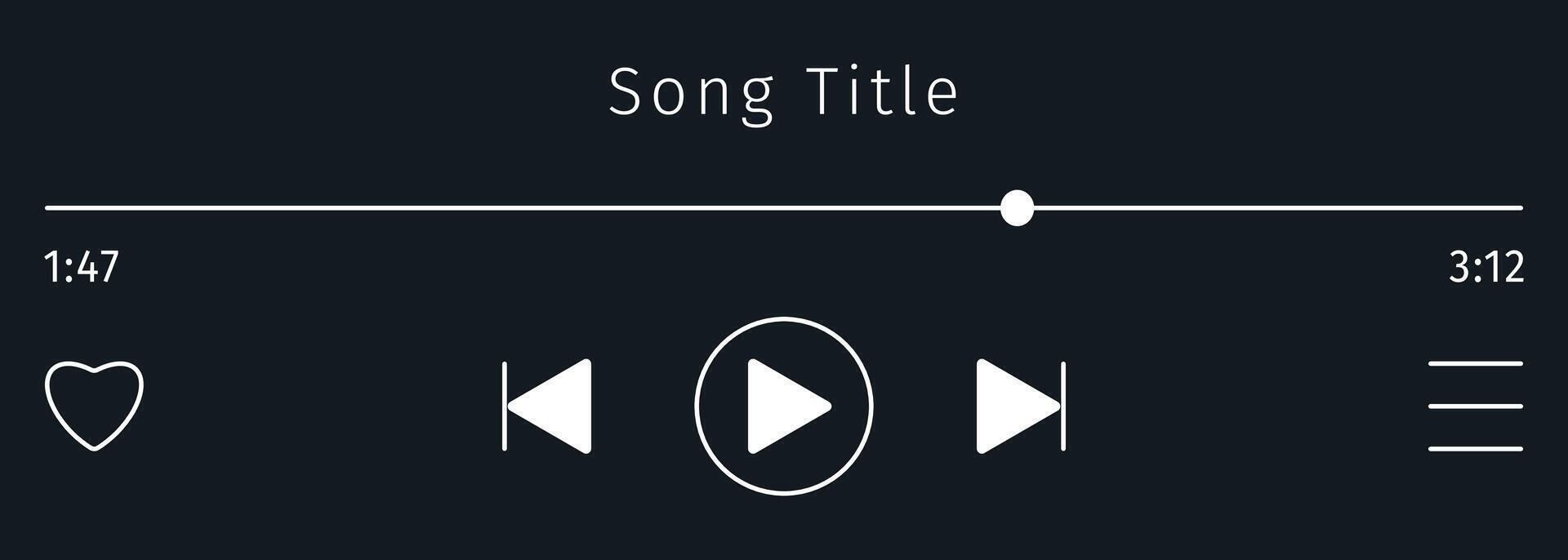Black Music or play bar icon. Audio media player for songs or podcast playlist with Song Title text. Control Button. Dark theme. Editable stroke. Simple mini display. vector