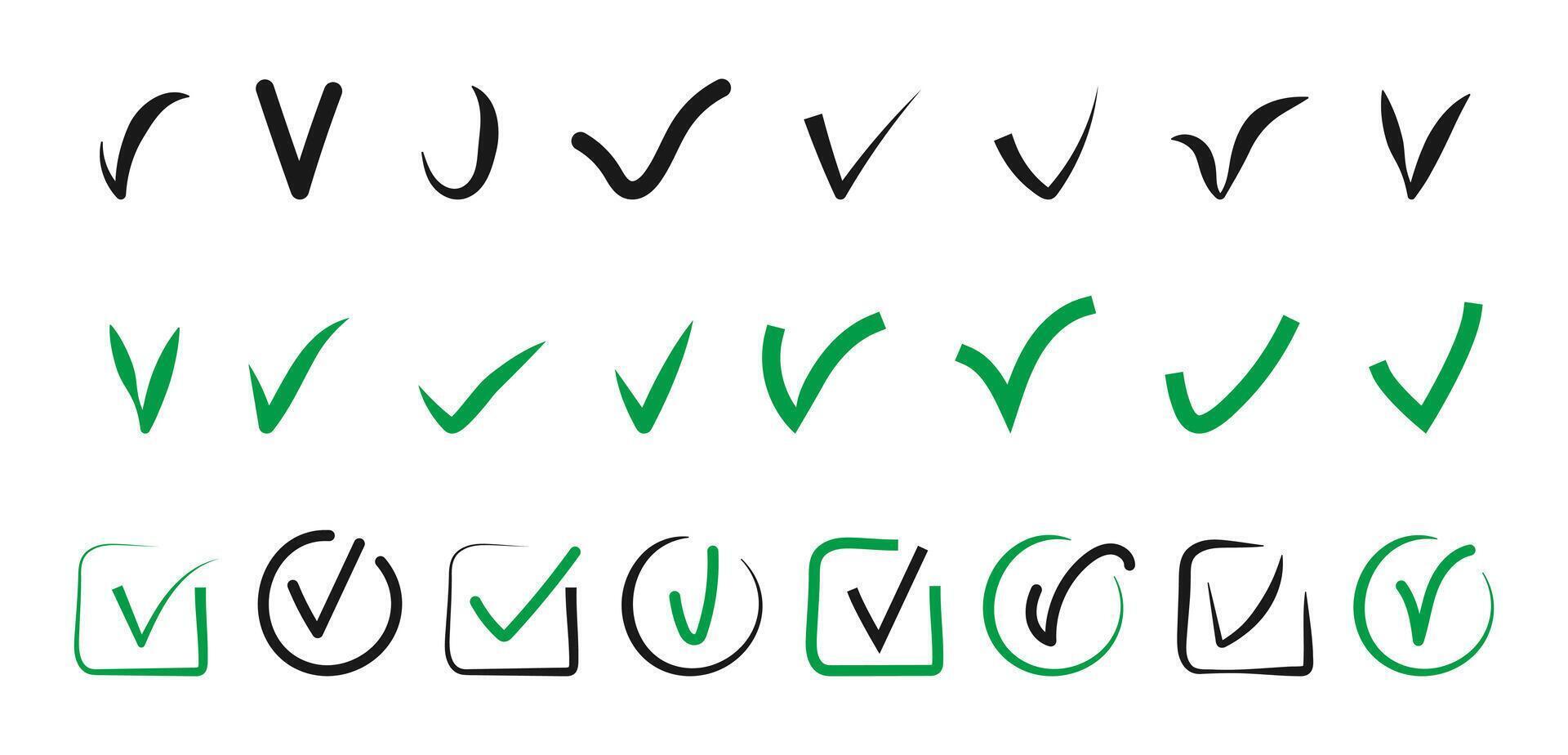 Check mark icon set. Hand drawn doodle checklist correct element. Checkmark with box, circle frame in green and black color. Doodle Ok, Yes, done symbol. vector