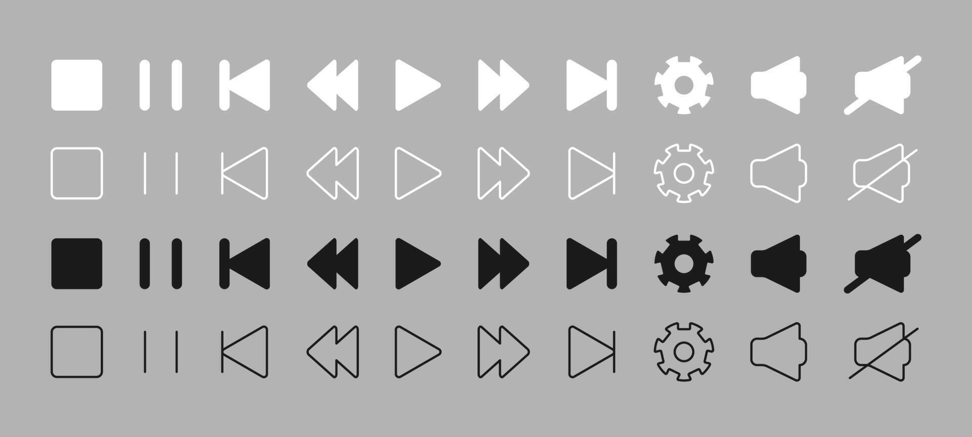 Set of media player button icons black and white colors. Media player interface outline element with editable stroke. Audio and app, device screen control sing. Start stop next volume settings. vector