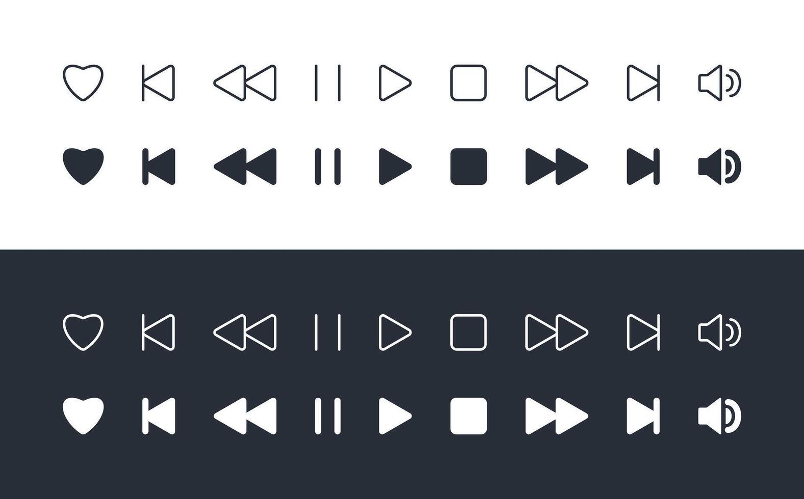 Media Player control icon set. Interface multimedia Buttons in flat style, white and black color. Like pause stop play next settings volume outline element editable stroke. Audio Music app display. vector