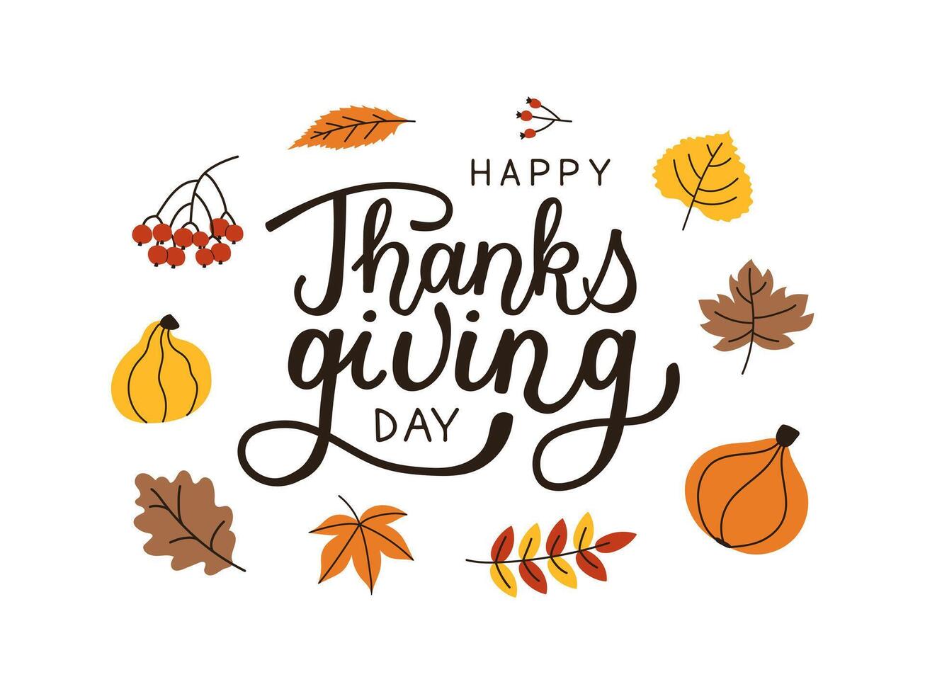 Happy Thanksgiving day drawing text. Hand drawn calligraphy lettering for badge, icon, banner, poster, postcard, billboard, sticker. Autumn leaves and pumpkin with words. Fall season. vector