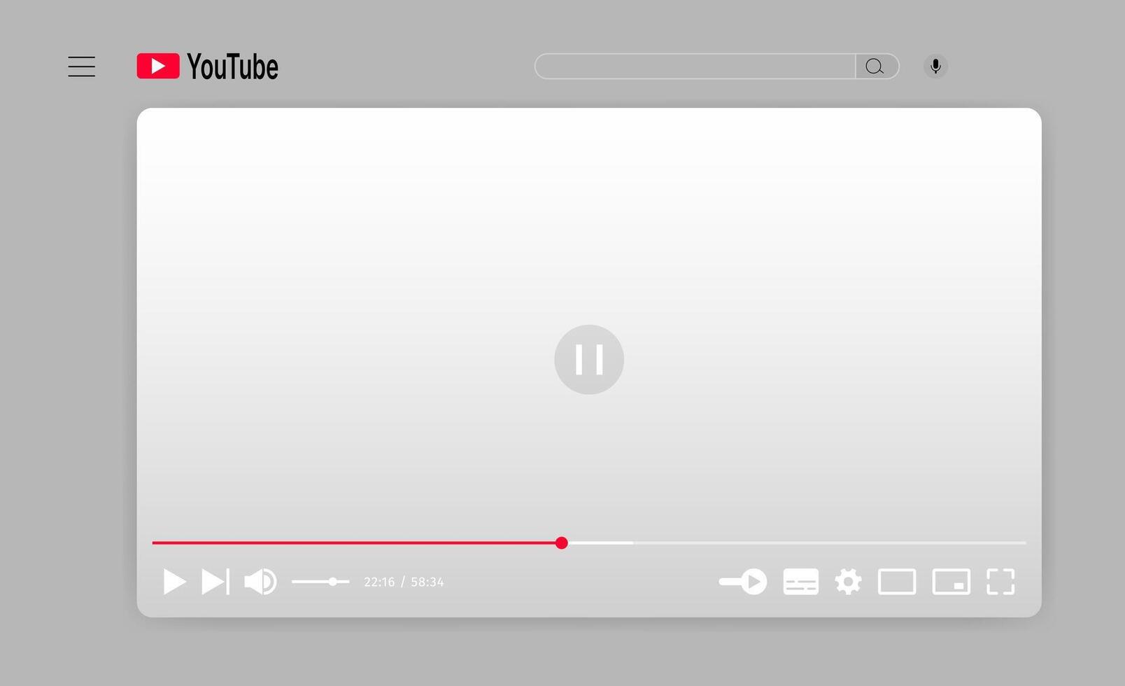 YouTube Player interface white mode. Streaming screen template. Social Media Display mockup for website and mobile apps. Blank channel frame. Access Buttons design vector