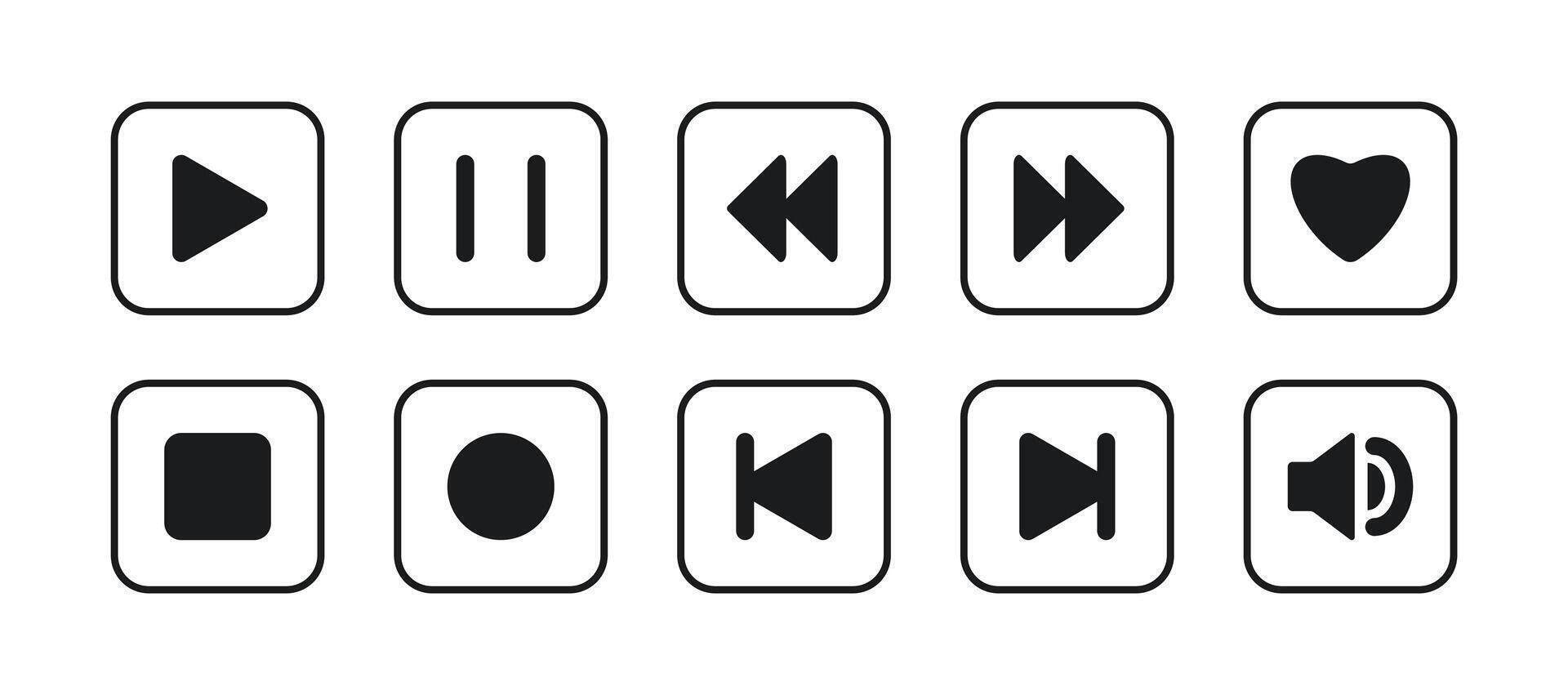Set of media player buttons icons in a square. Pause, rewind, fast forward, sound, volume, record, like, favorite. Collection of playback elements. Editable black stroke. Interface control. vector