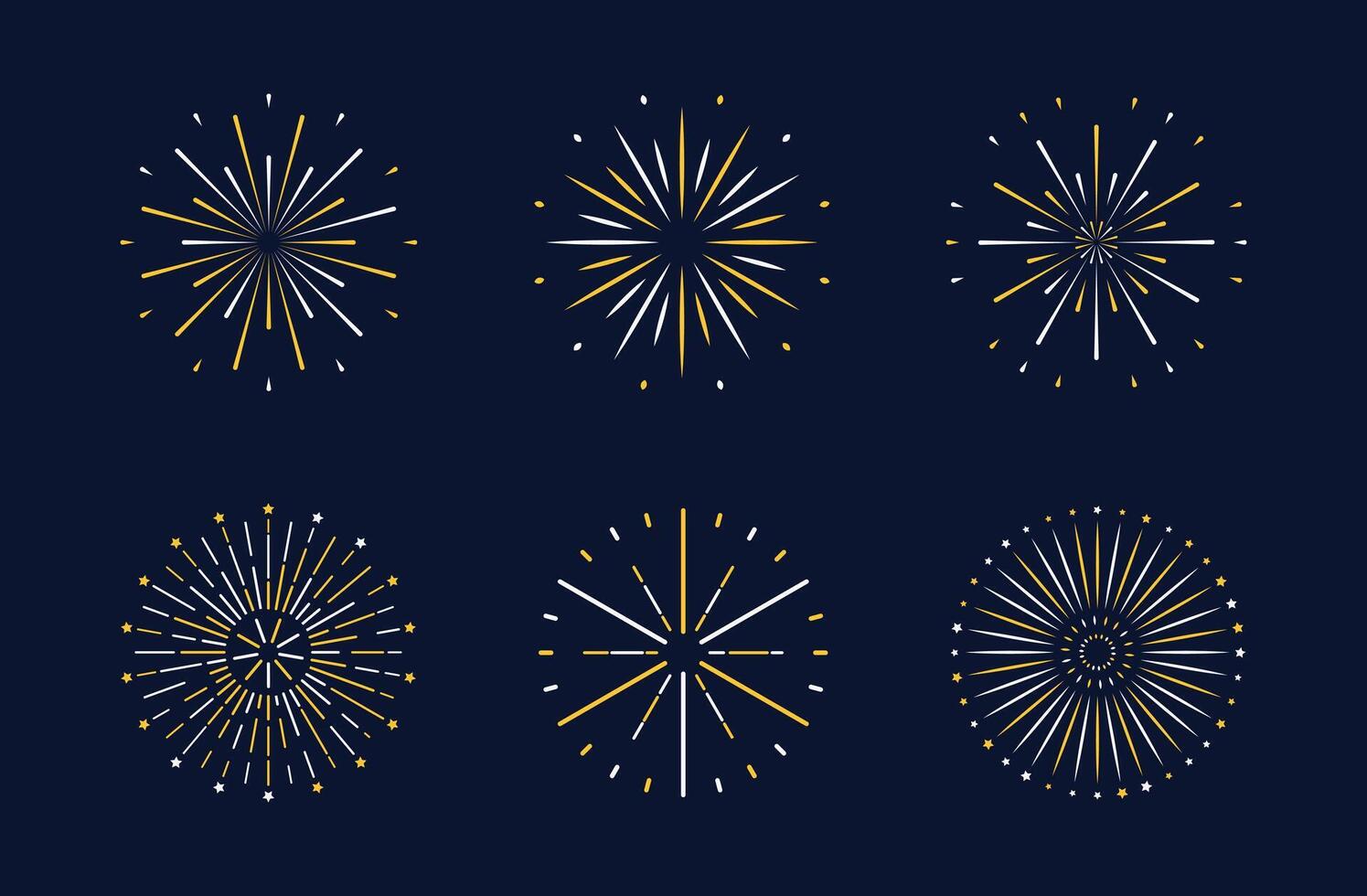 Fireworks set. Sparks yellow white decorative elements for new year, birthday, holiday banner, poster, flyer, greeting card. Round explosion icon. Bright pyrotechnic burst for festival design. vector