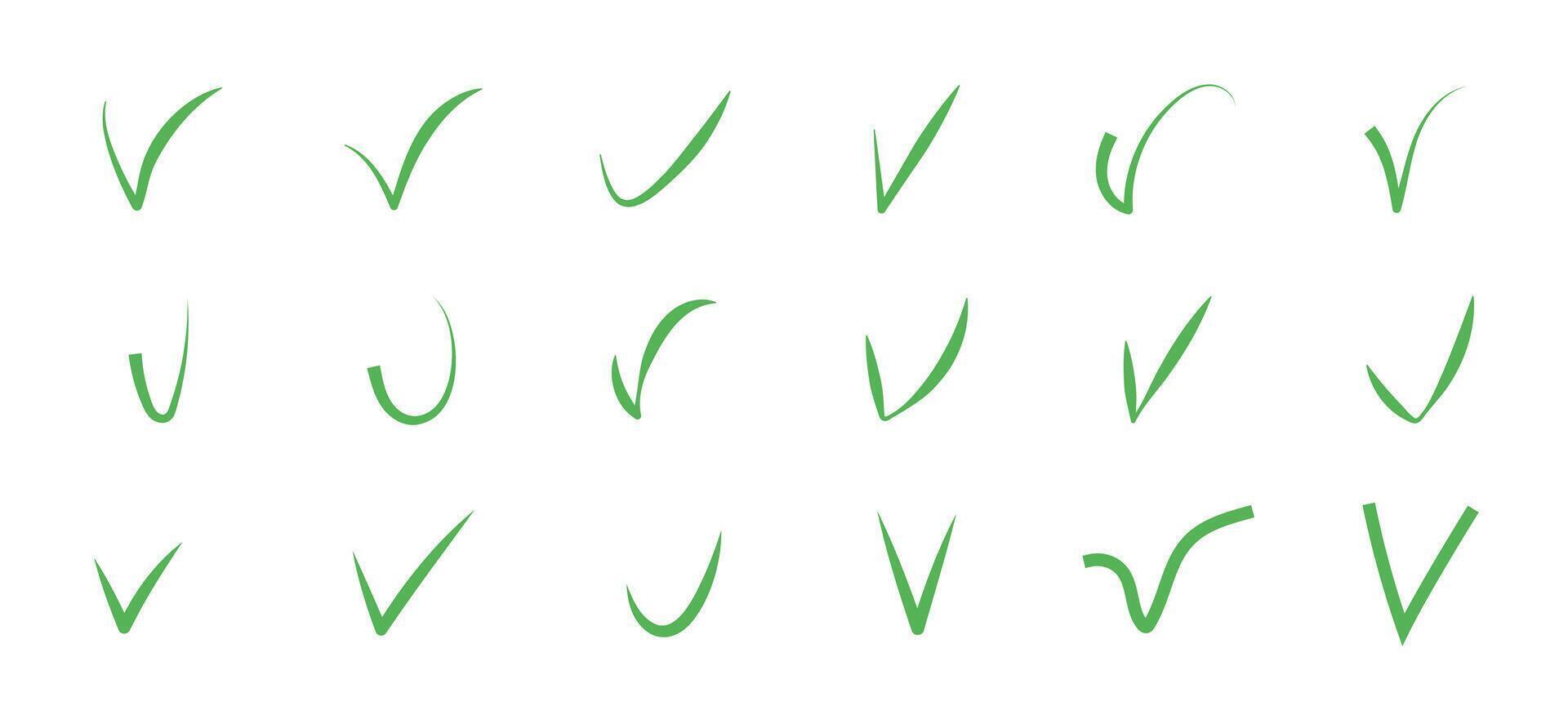 Green check and tick mark icon set. Hand drawn correct symbol for banner poster school design. Checkmark , approved sign. Yes or Ok. vector