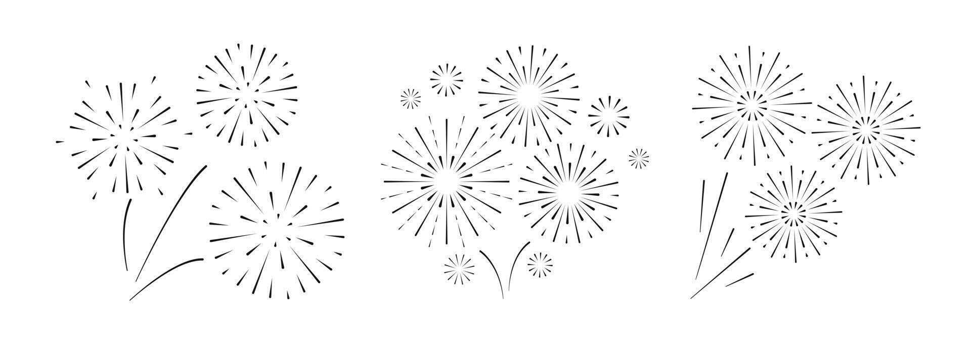 Fireworks icon set. Round black Firecracker. Happy New year, Holiday and party decoration elements. Round silhouette isolated on white background. Radial light beams salute sparks. vector