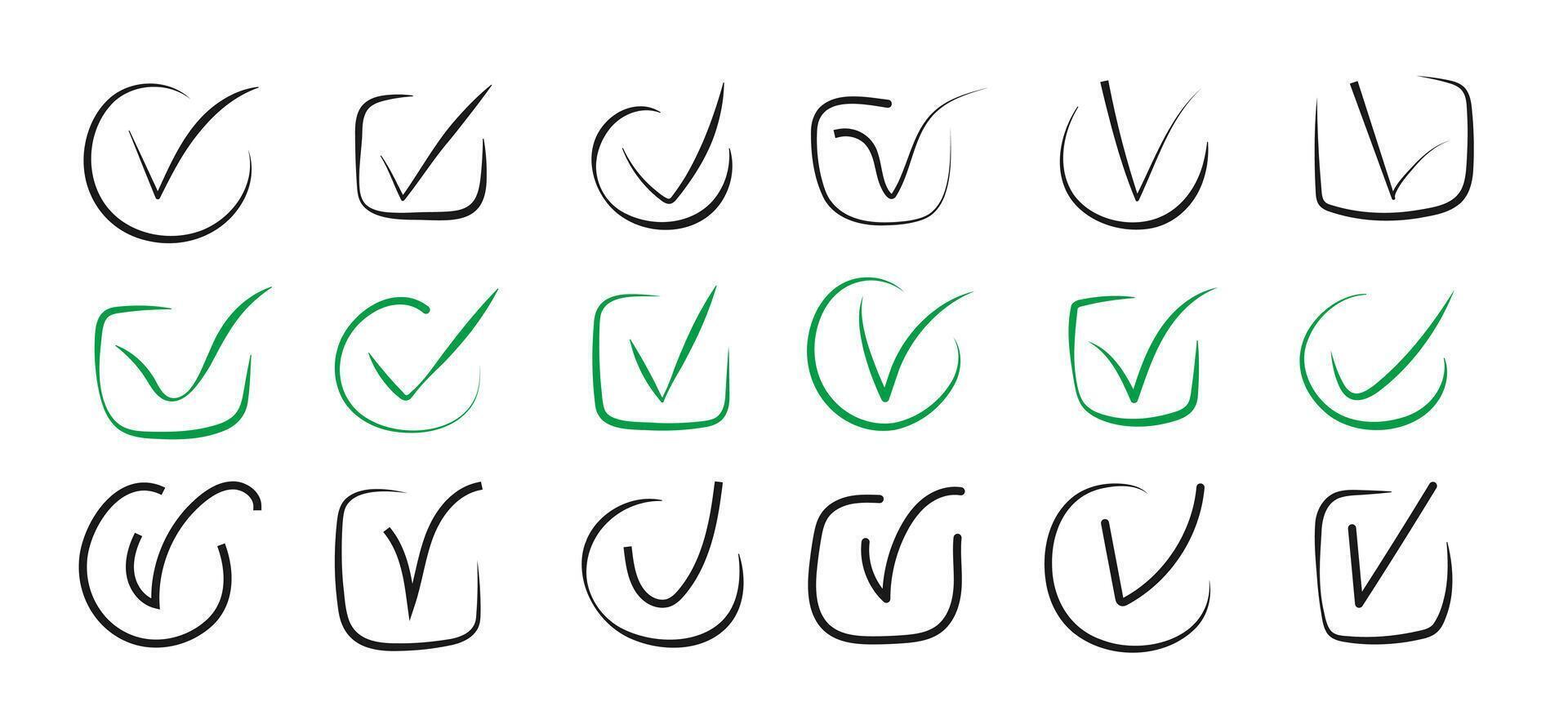 Hand drawn Check mark icon set in circle and square shape. Tick symbol in green and black color. Handwritten checkmark good yes ok illustration. Doodle element. vector