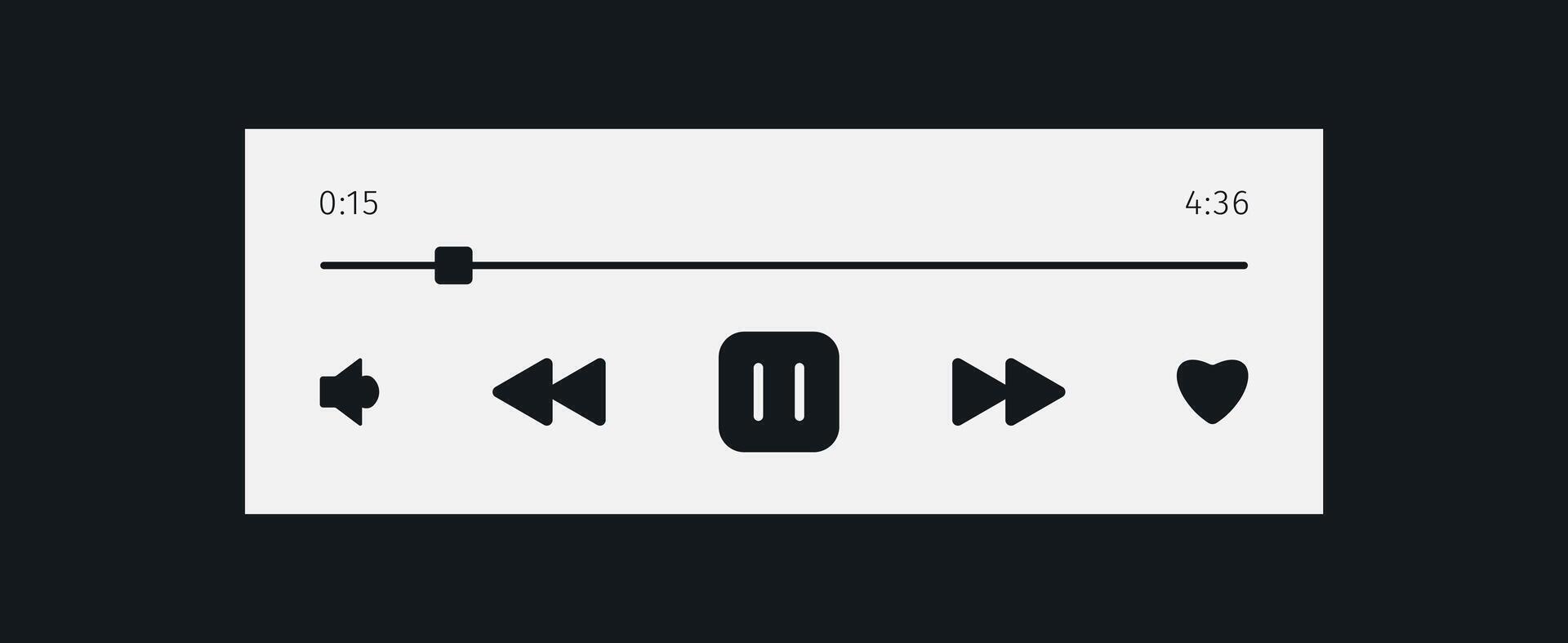 Music Player user interface design. Audio media widget with like next play volume buttons and song duration bar. Modern ui design element for app and web. Light white theme. vector