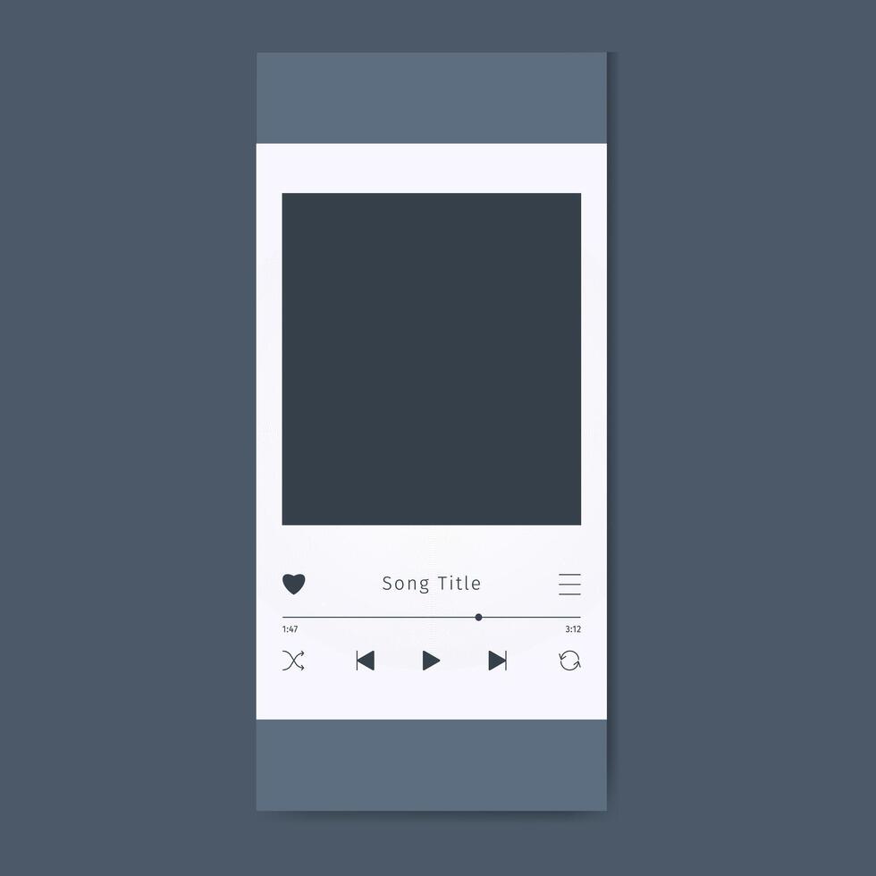 Phone Music Player UI template with play next button and song controls. Album art for Audio streaming app. Media device Interface mockup with empty place vector