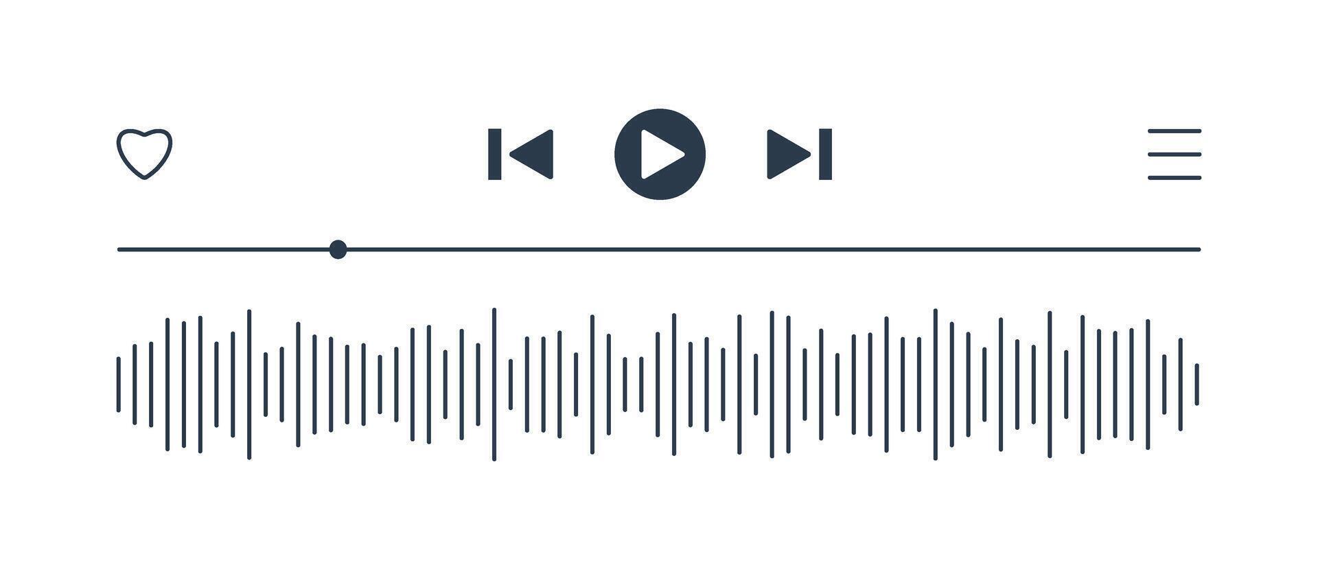 Media Player progress loading bar, play next, rewind fast forward buttons. Templates of music playback panel interface. Sound waves or voice message. White mode. Mini-player, embeddable into websites vector