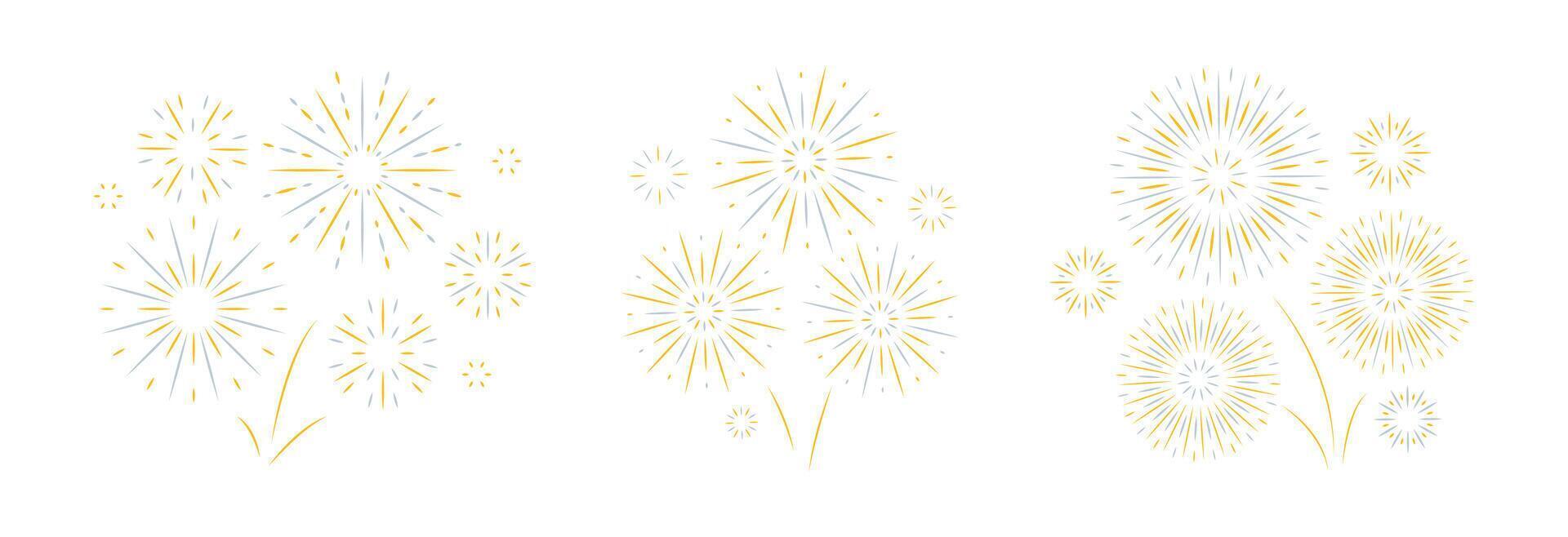 Yellow Festive Fireworks isolated on white background. Flat style. Simple flash decoration for holiday banner card poster. vector