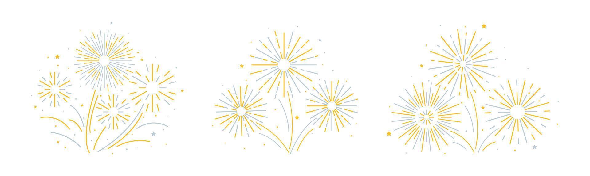 New year firework set. Collection of golden yellow explosion on white background. Simple flat style burst for decoration, print, poster, banner, wallpaper, card, cover vector
