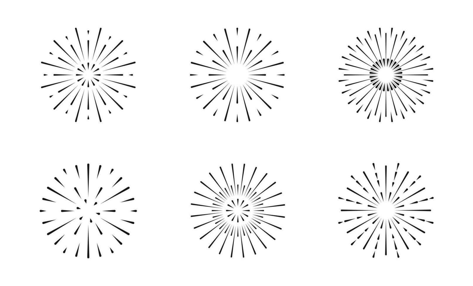 Set of black firework icons. Simple round Sparks isolated on white background. Radial rays of explosion in flat style. vector