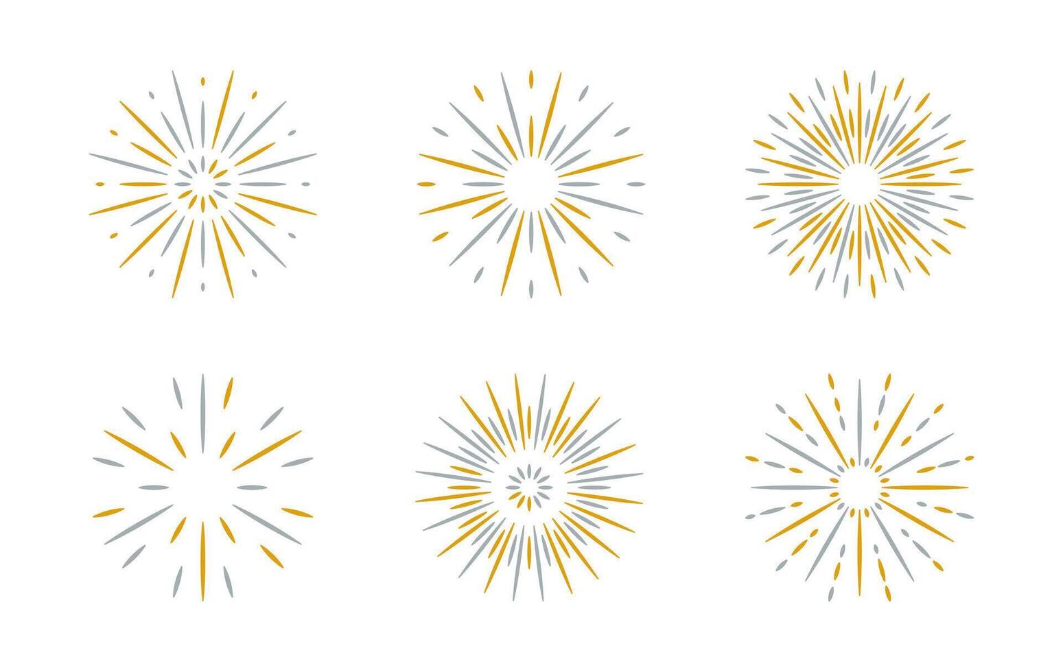 Flat Fireworks set with flashes, sparkles, and yellow grey bursts. Radial icon for celebrating festivals, holidays, birthdays, or festive events vector
