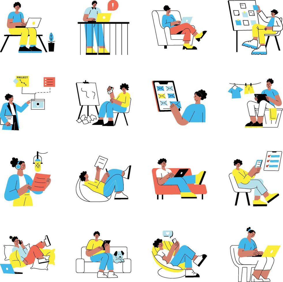 Illustrations of people working and relaxing vector