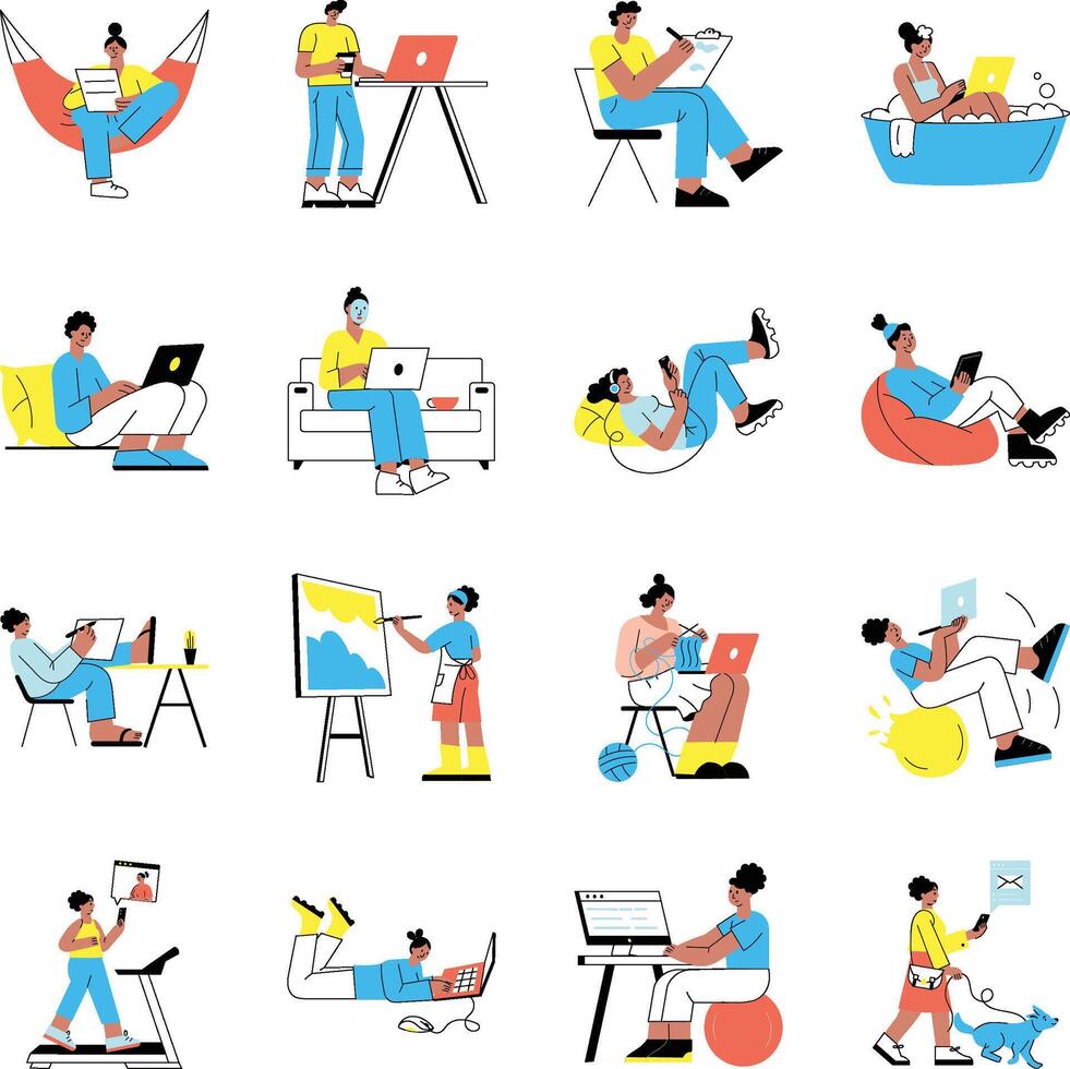 people working and relaxing at home vector