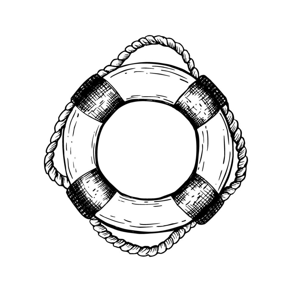 Lifebuoy, lifesaver with rope. Hand drawn outline style life ring. Illustration in a black and white. Sketch in line art style isolated on white. For clip art cards packages. vector