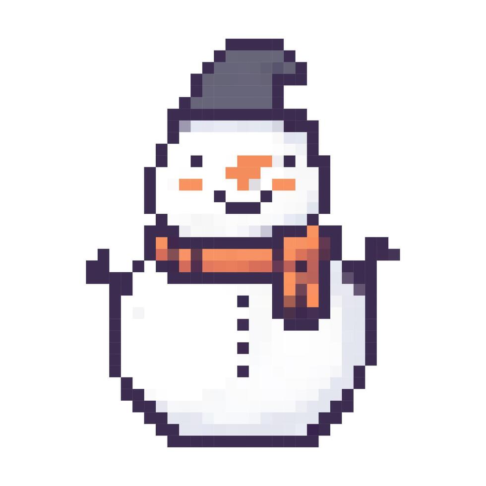 Cheerful snowman wearing a hat and scarf, designed in pixel art style for winter themes and holiday decorations vector