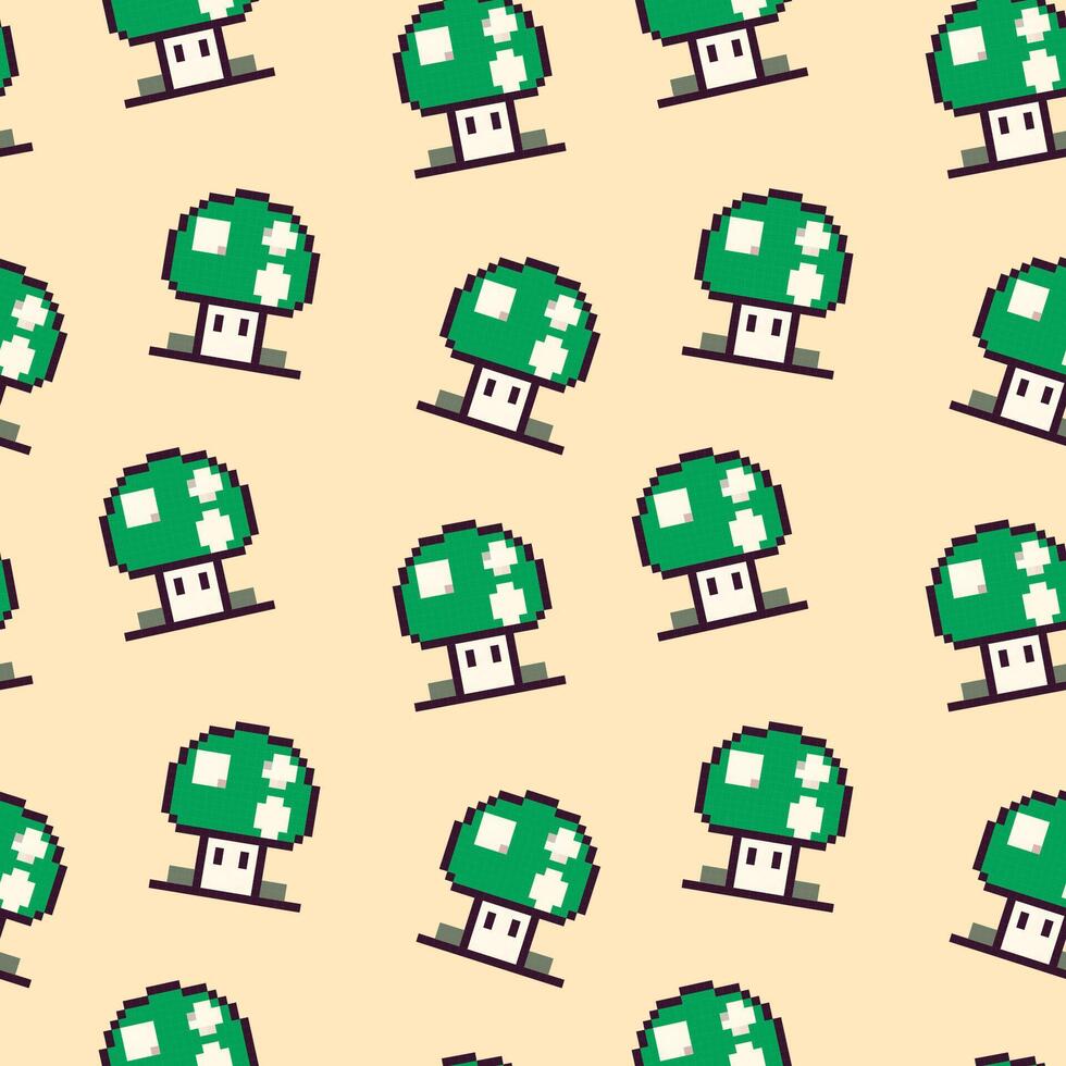 Green mushroom pattern featuring pixel art design on a light background in a seamless arrangement vector