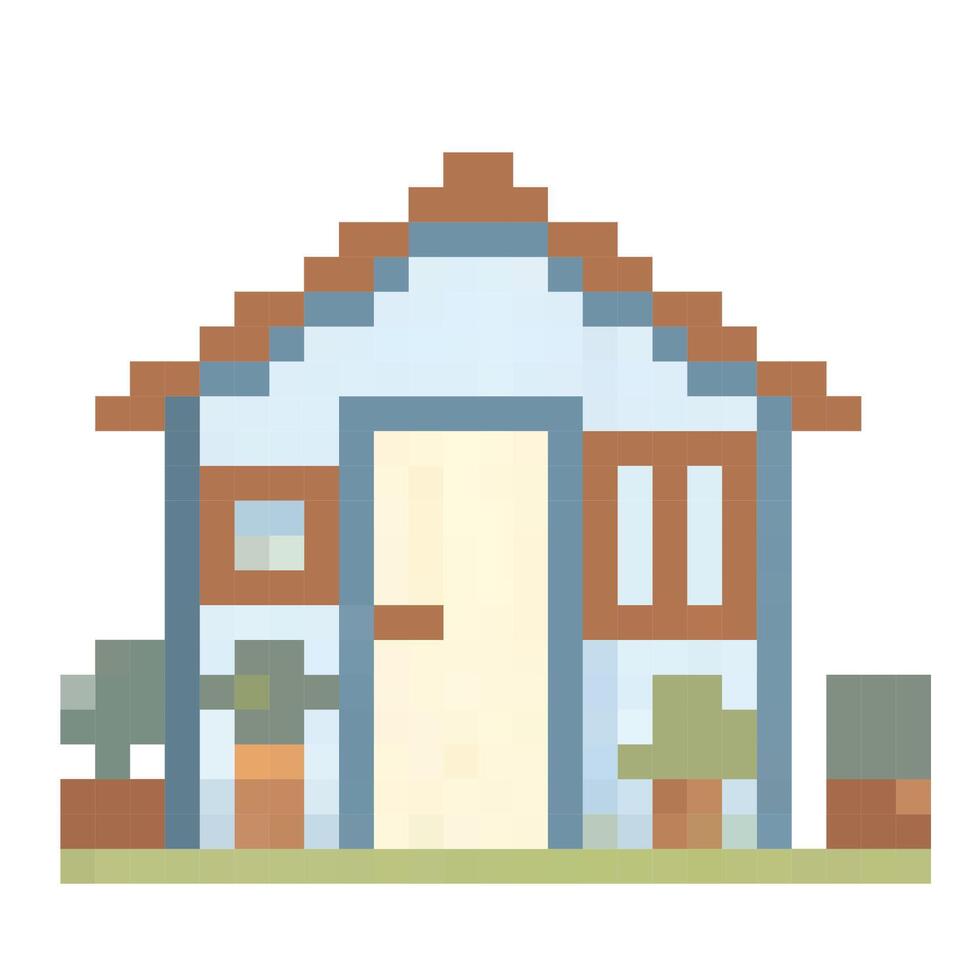 Pixel art representation of a cozy house surrounded by plants and greenery vector