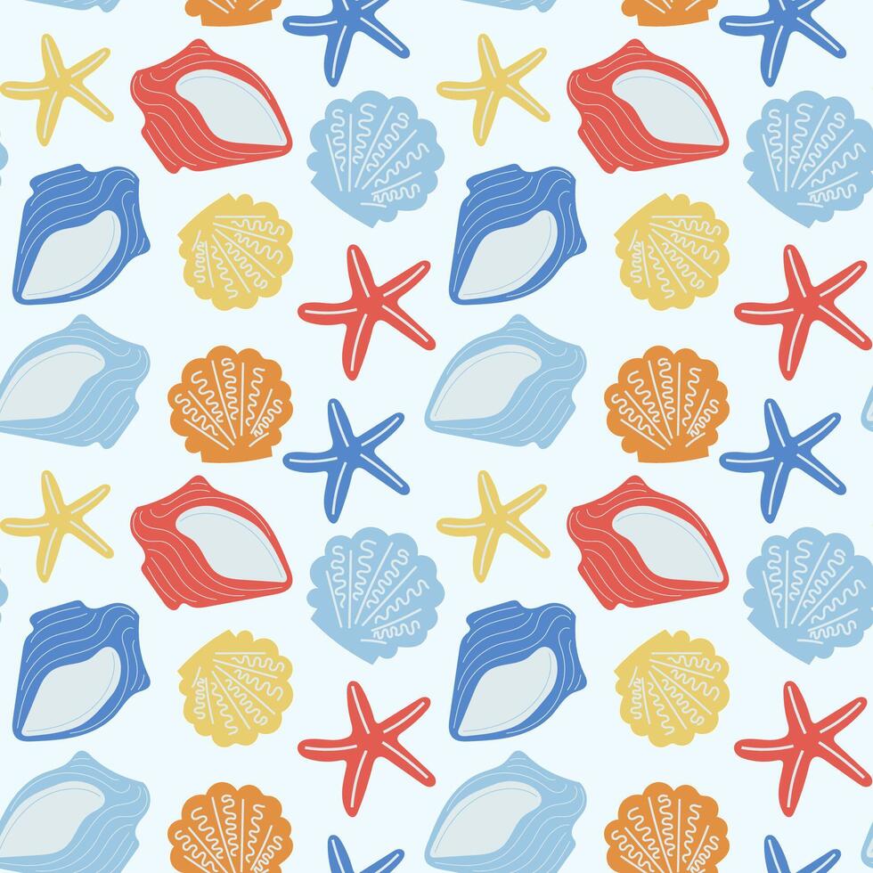 Seamless pattern of colorful seashells and starfish on a light background for beach-themed designs vector