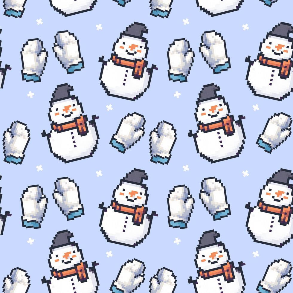 Winter pattern featuring pixelated snowmen and mittens on a light blue background with snowflakes vector