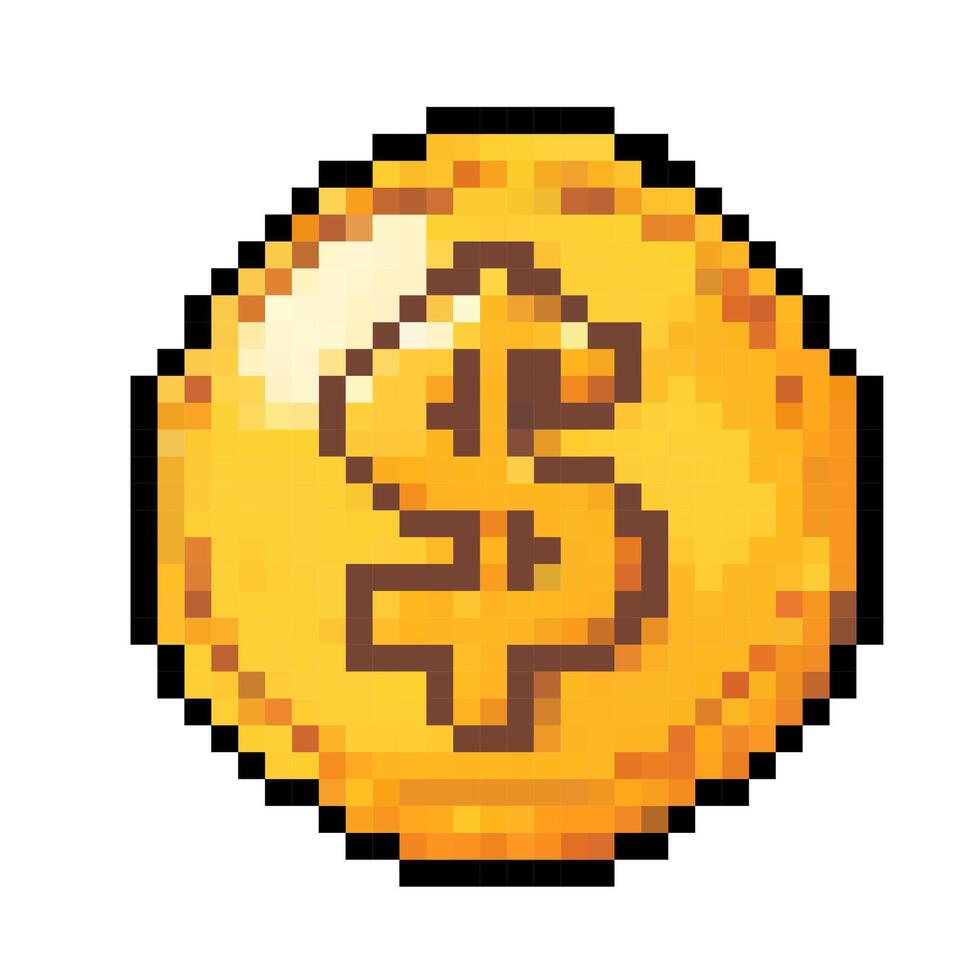 Pixel art coin with dollar sign representing currency, wealth, and finance in a digital style vector
