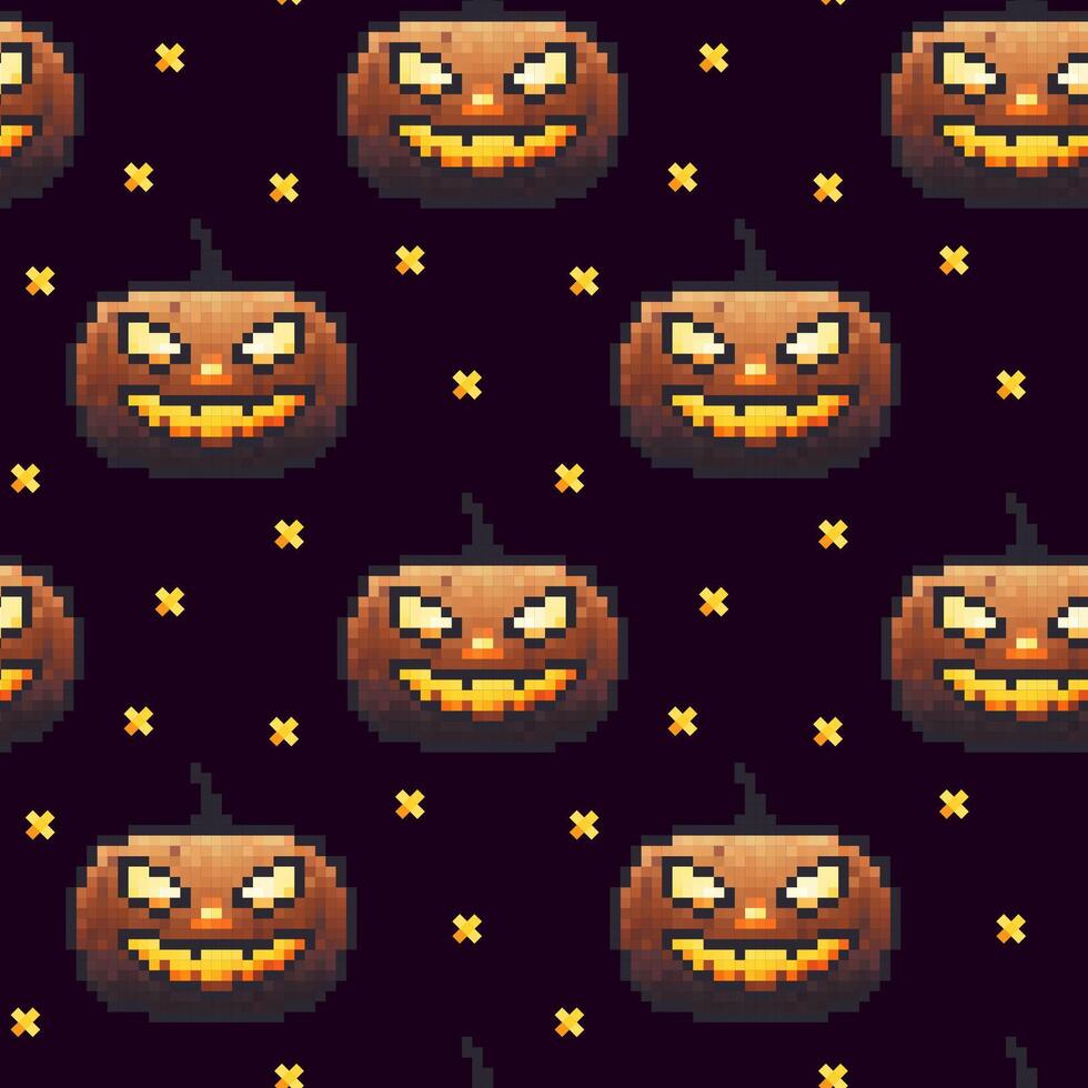 Spooky cartoon pumpkin pattern with grinning faces on a dark background for Halloween themes vector