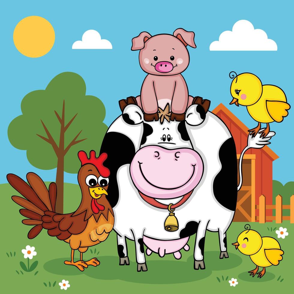 Farm animals illustration with cow and friends vector