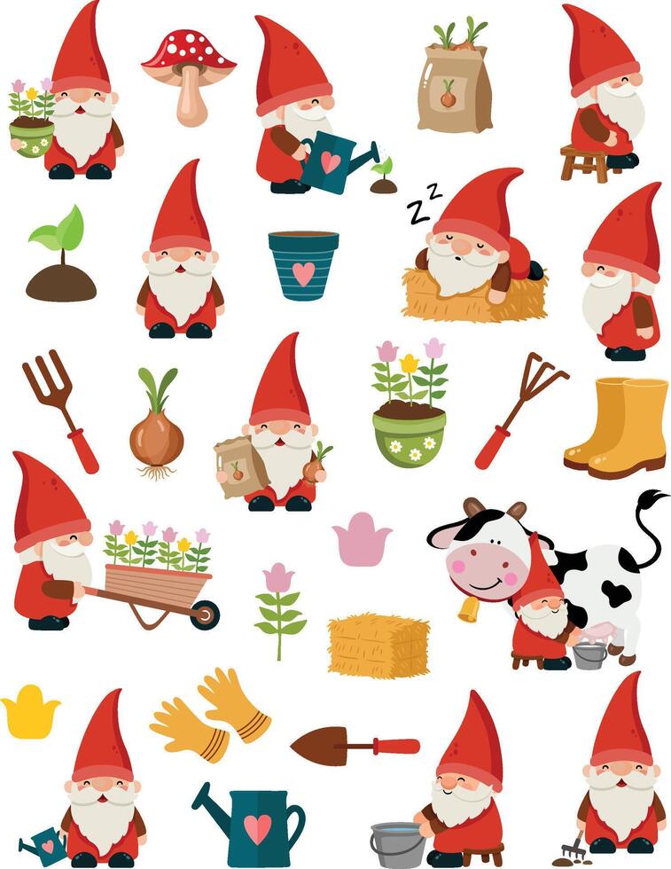 Colorful gnomes gardening and enjoying nature vector