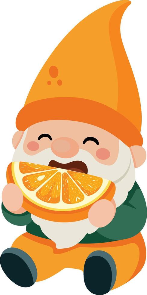 Cheerful Gnome Enjoys a Juicy Orange Slice vector