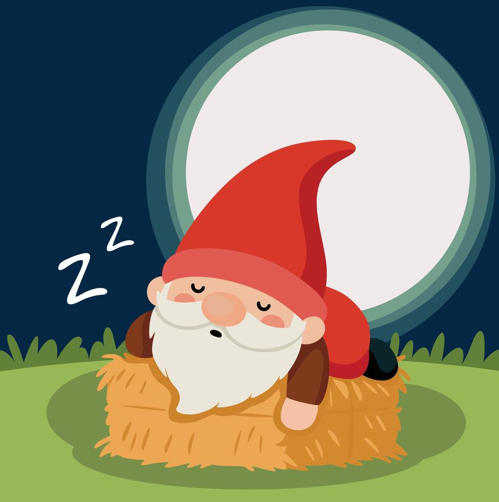 Sleepy Garden Gnome Resting Under the Moonlight vector
