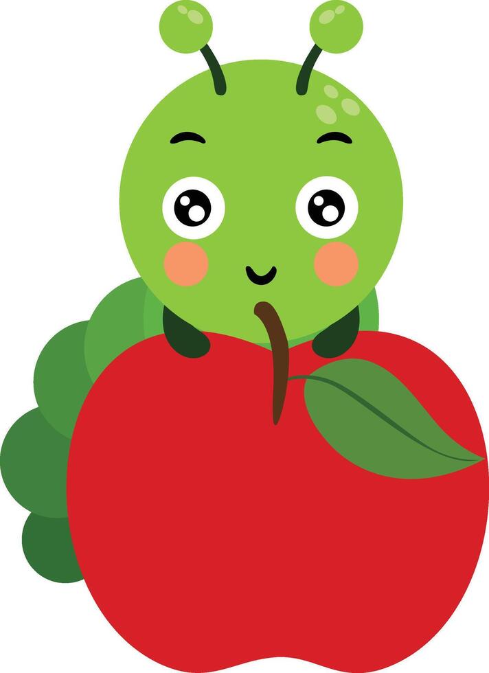 Cute Green Caterpillar Peeking Over Red Apple vector