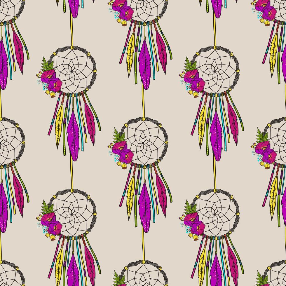 Seamless pattern with hand drawn dreamcatchers and flowers. Boho style. Pattern for textile, packaging, greeting card, invitation. Bohemian talisman. American native tribe amulet. vector