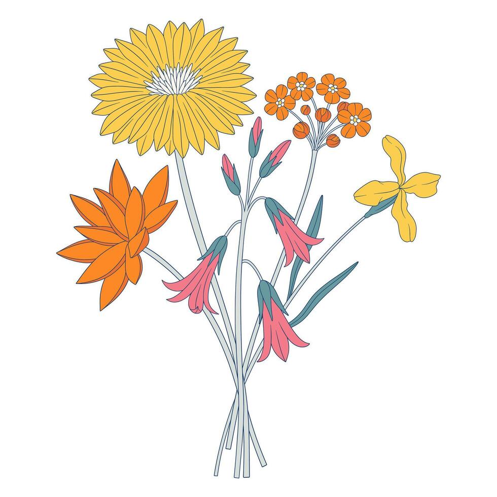 Bright bouquet of wildflowers. Bunch of meadow flowers with dahlia, bellflower, forget me not, and wild plants. Botanical hand drawn elements for design projects, illustration vector
