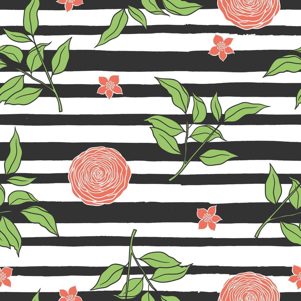 Floral seamless pattern with stripes, leaves and flowers. Hand drawn floral compositions. Boho style. Summer. Floral pattern for textile, packaging, invitations illustration, greeting cards vector