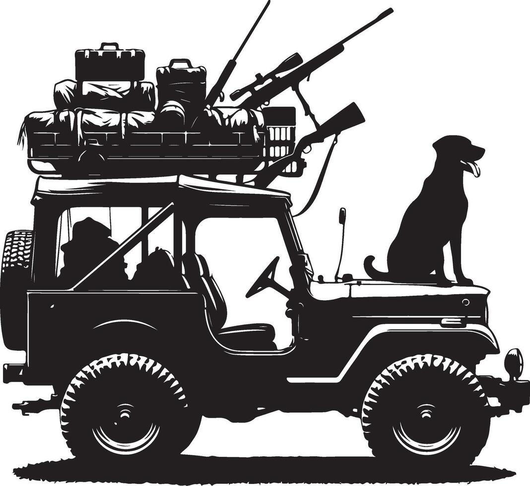 Vintage Hunting Jeep Silhouette with Gear and Dog, vector