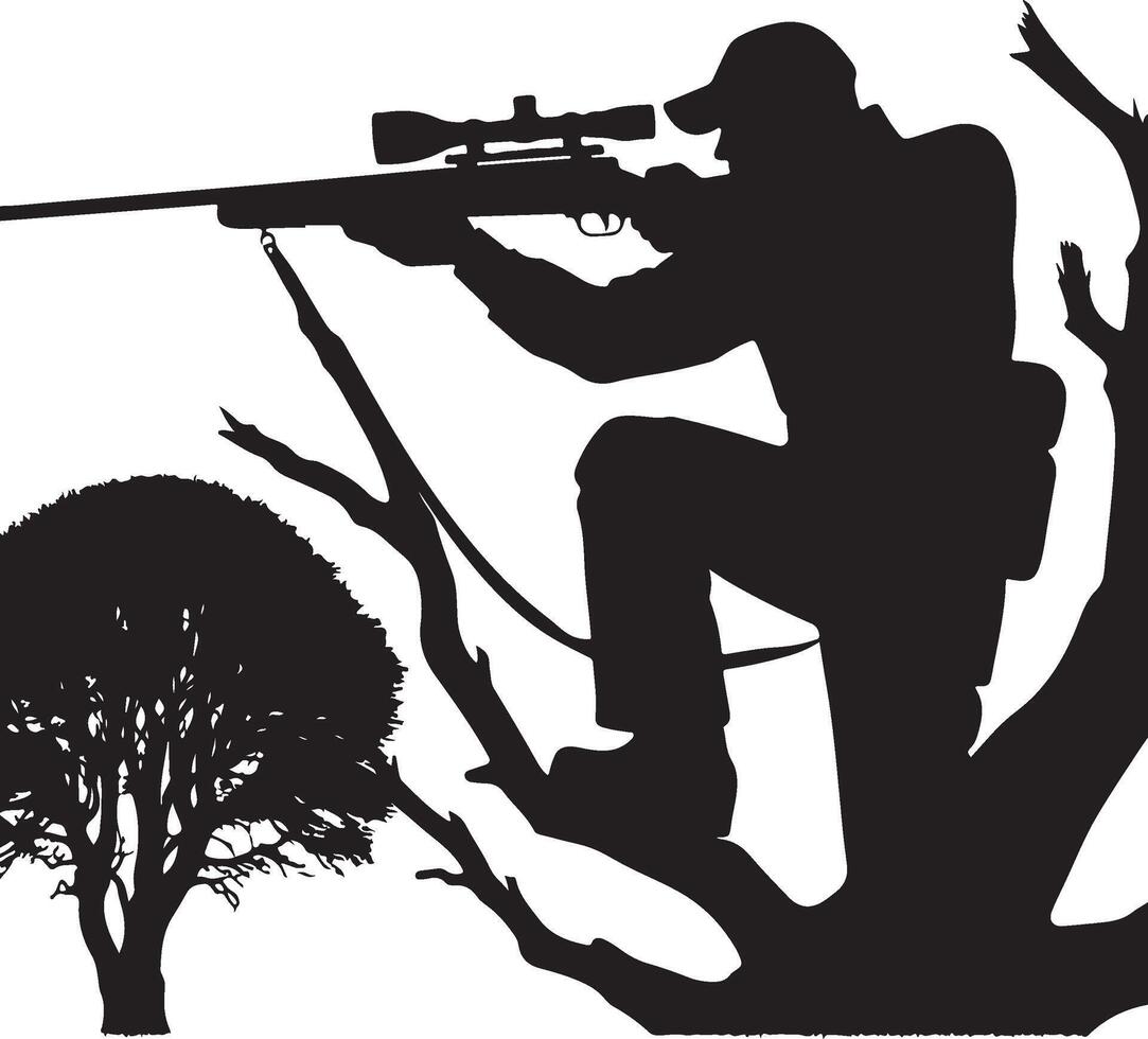 Hunter Aiming Rifle Downward from Tree Stand Silhouette. vector