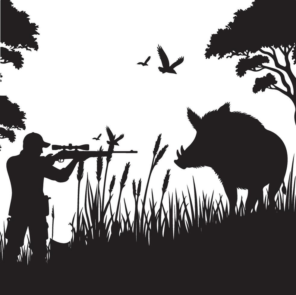 Wild Boar Hunting Silhouette with Rifle and Forest Scene vector