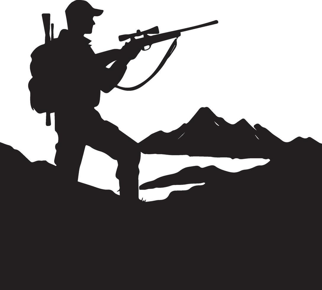 Hunter Aiming Rifle in Mountain Landscape Silhouette vector