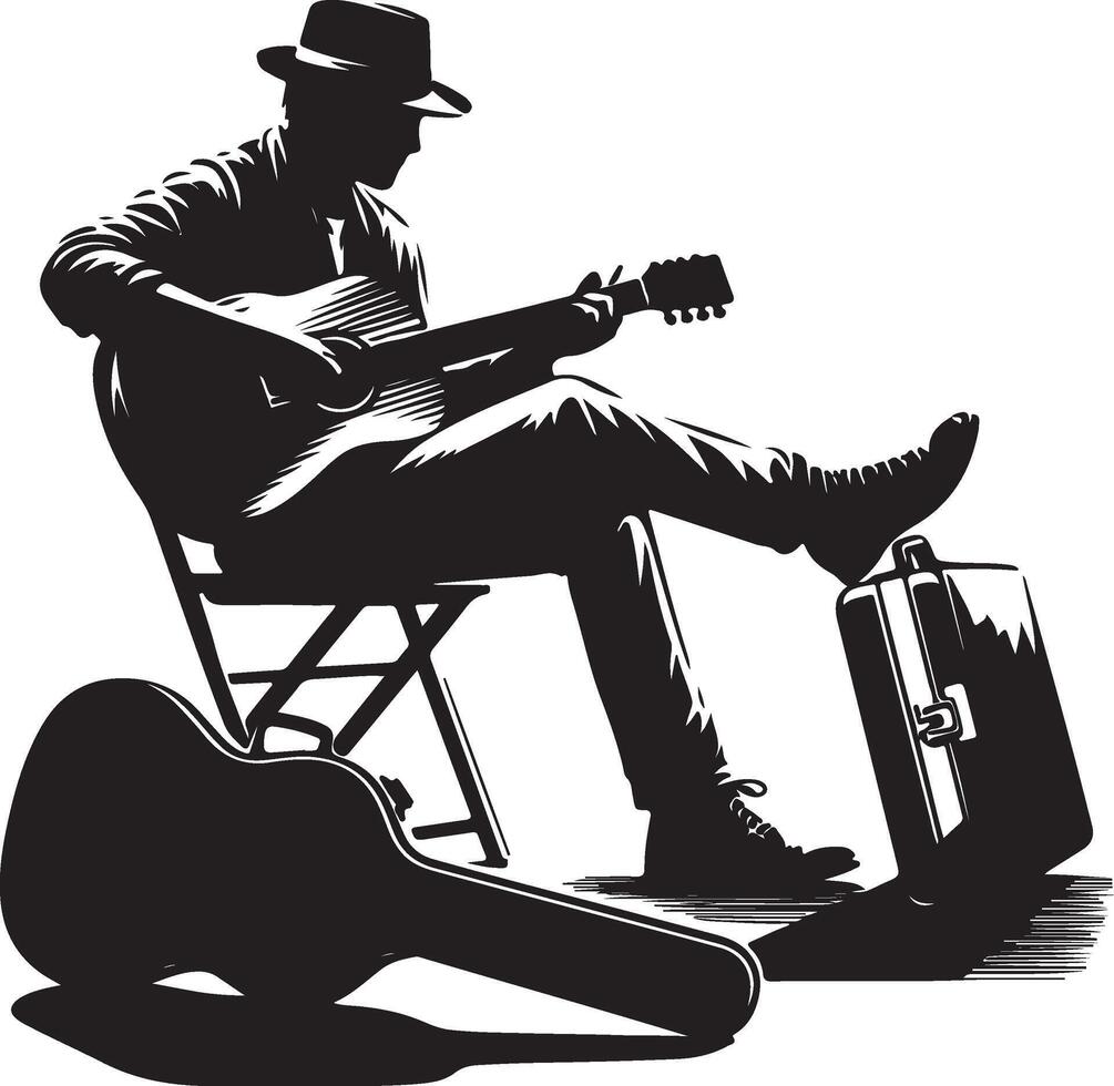 Musician plays acoustic guitar on a street corner with his instrument case.Silhouette of a Musician Playing Acoustic Guitar on a Street Corner with Instrument Case. new 2025 trendy. vector