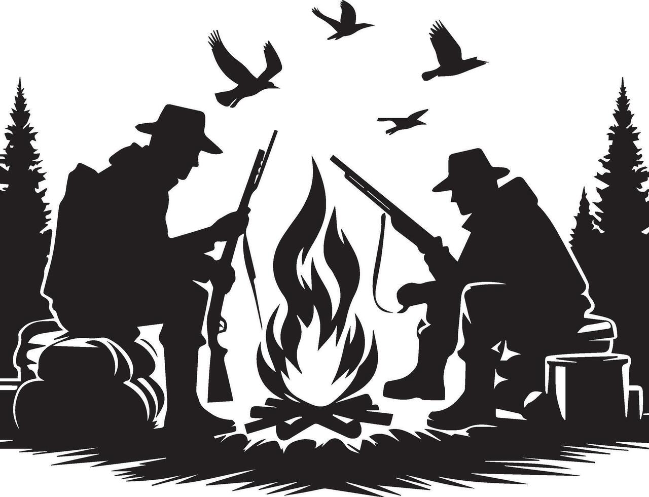 Hunters Around Campfire with Rifles Silhouette, Wilderness Camp Scene vector