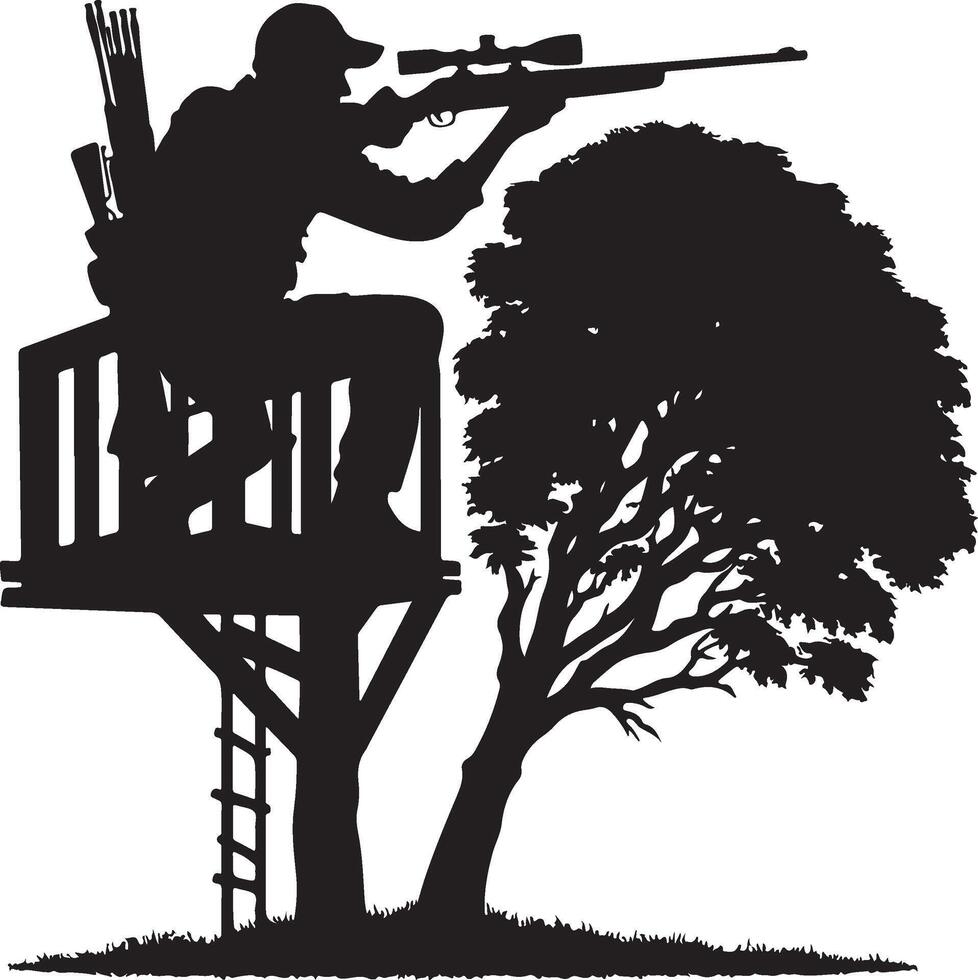 Hunter Aiming Rifle from Tree Stand Silhouette, Elevated Hunting Position vector